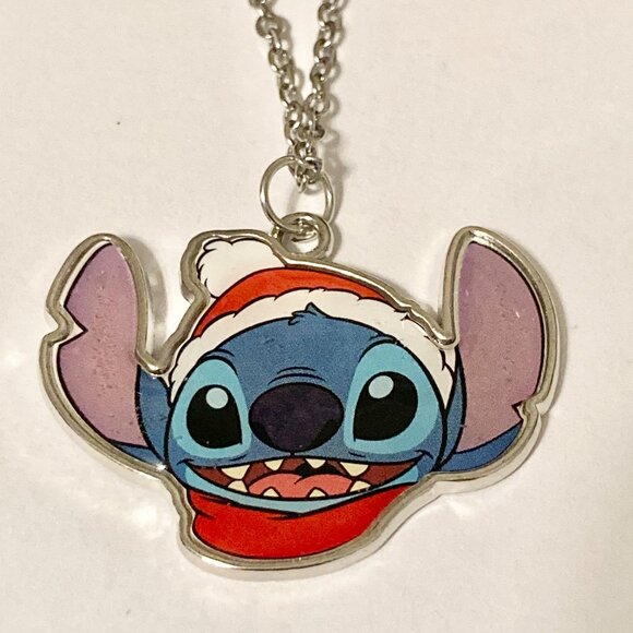Disney Lilo & Stitch Christmas Necklace Santa Hat Holiday Silver Tone 18" Chain - Picture 3 of 10
